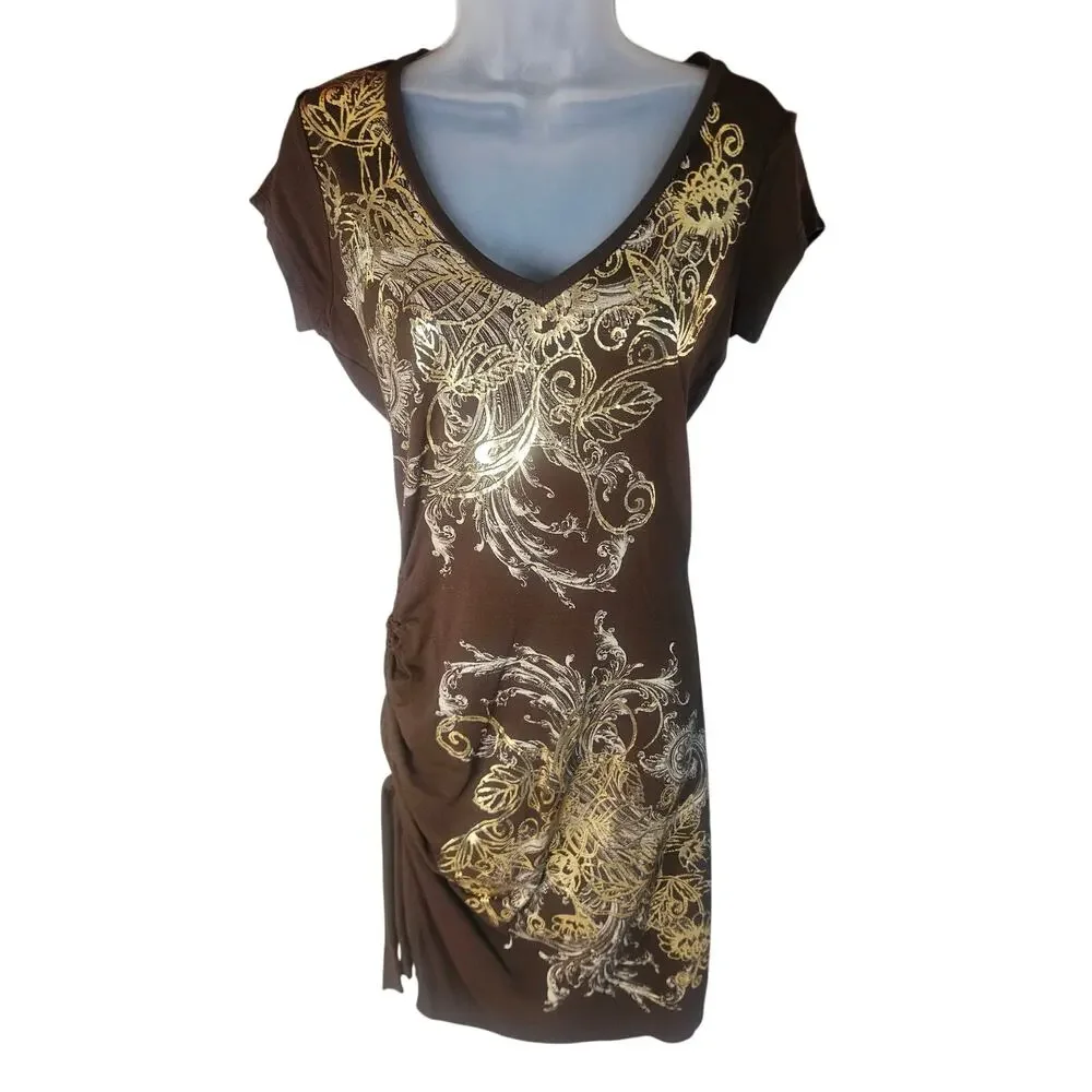 Cache Brown With  Gold Silver Print Bodycon Dress Sz M Stretchy V Neck - Picture 2 of 10